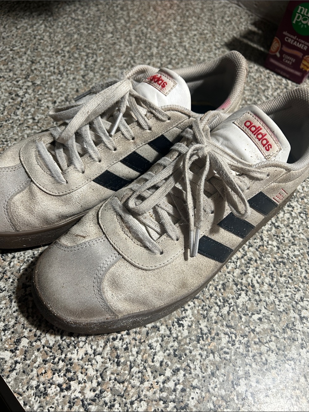 adidas Men’s Beige Suede Sneakers with Black Stripes and Red Logo